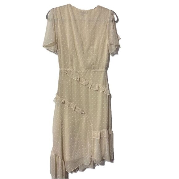 Lulus Womens Swiss Dot Ruffled Midi Dress S Cream Front Slit Beach Travel V-Neck - Picture 8 of 11